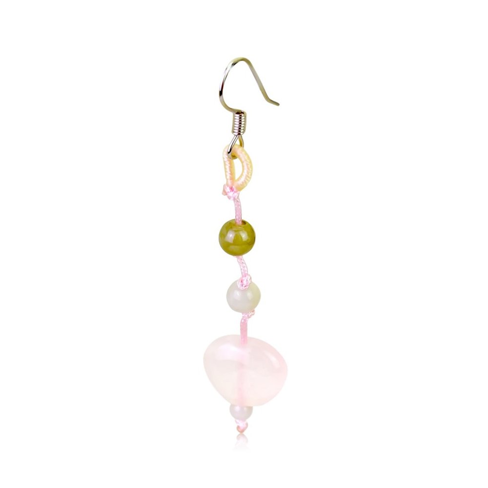 Pretty Rose Quartz Heart with Double Beads Gemstone Earrings
